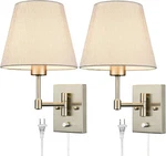 Swing Arm Wall Sconces Set Of Two Plug Lamp With Grey Fabric Shade. Fixed Price $89.99.